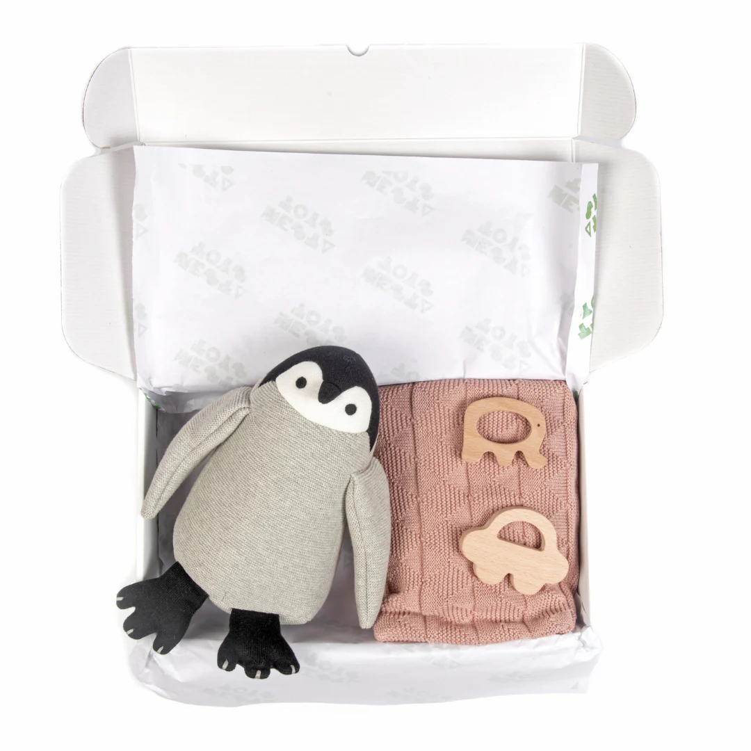 Newborn Gift Set – Swaddle, Penguin Plush Toy & Wooden Teethers - Image 10