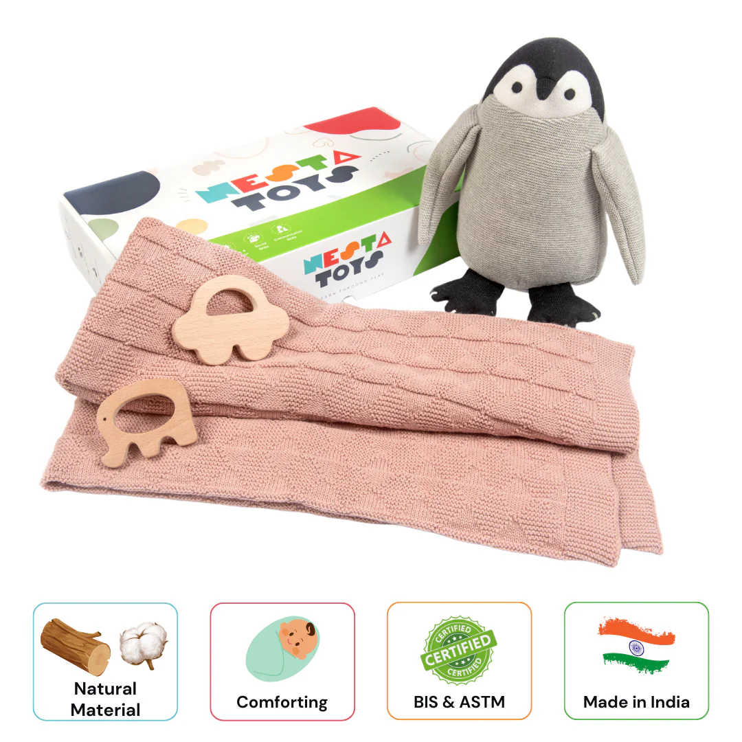 Newborn Gift Set – Swaddle, Penguin Plush Toy & Wooden Teethers - Image 5