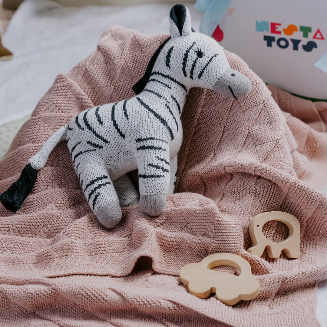 Newborn Gift Set – Swaddle, Zebra Plush Toy & Wooden Teethers - Image 3