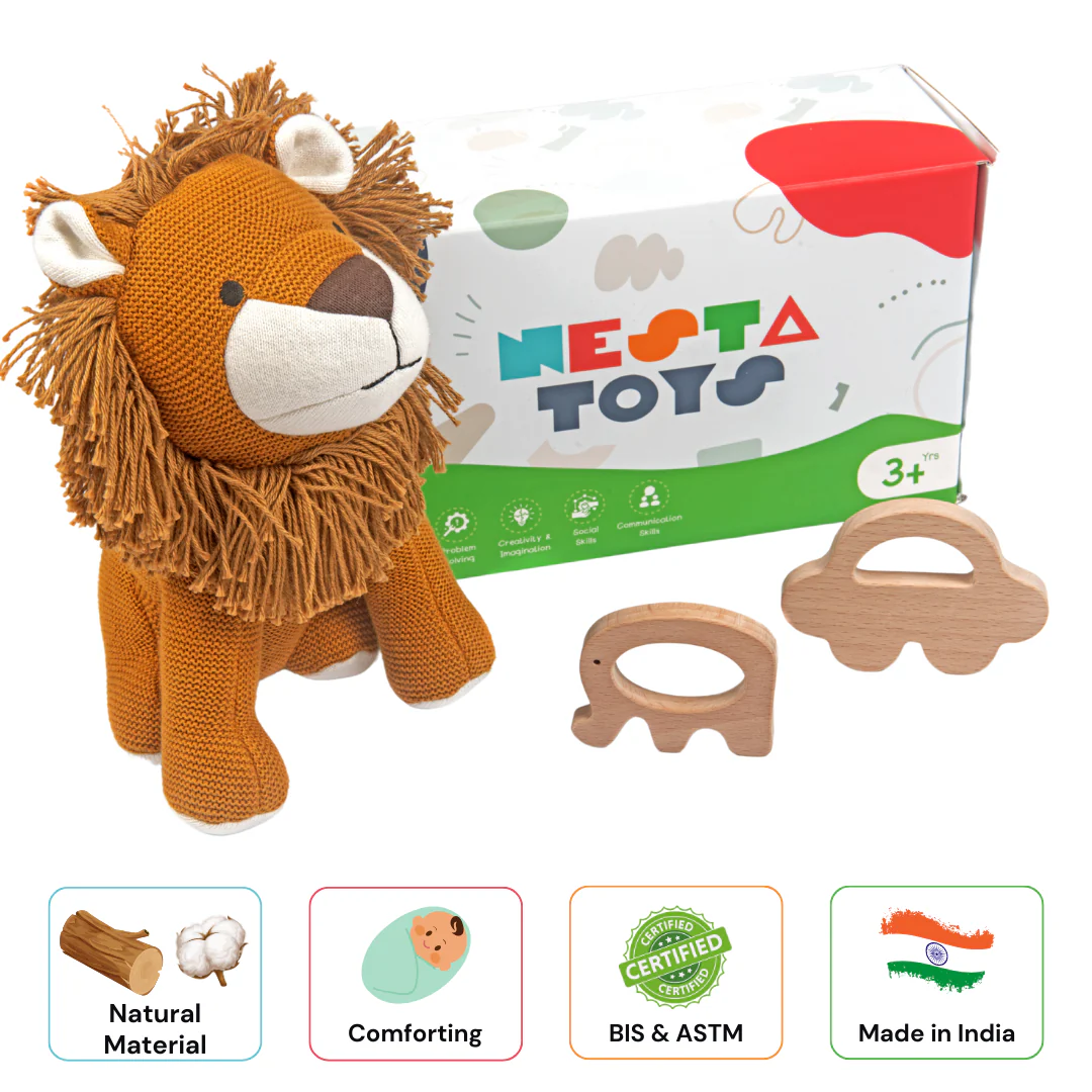 Newborn Gift Set - Lion Plush Toy, Wooden Elephant & Car Teether - Image 5
