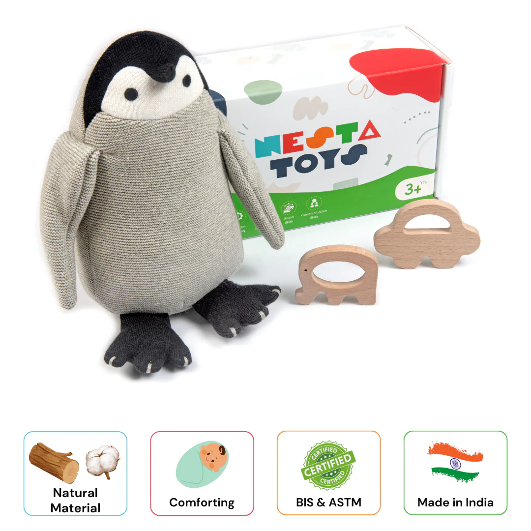 Newborn Gift Set - Penguin Plush Toy &  Wooden Teethers - Image 5